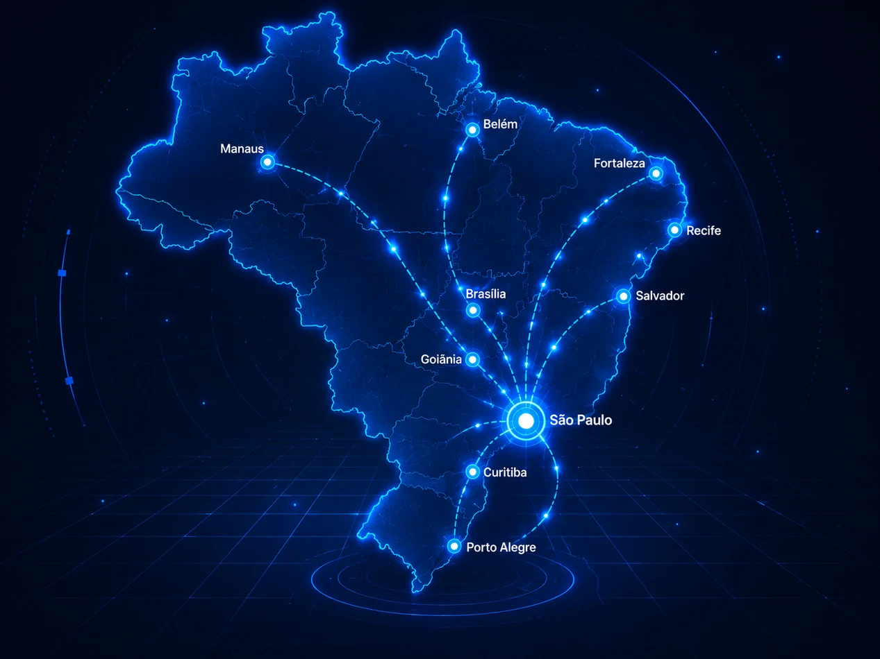 Mapa do Brasil com rotas logísticas da ShipFlow em todo o Brasil